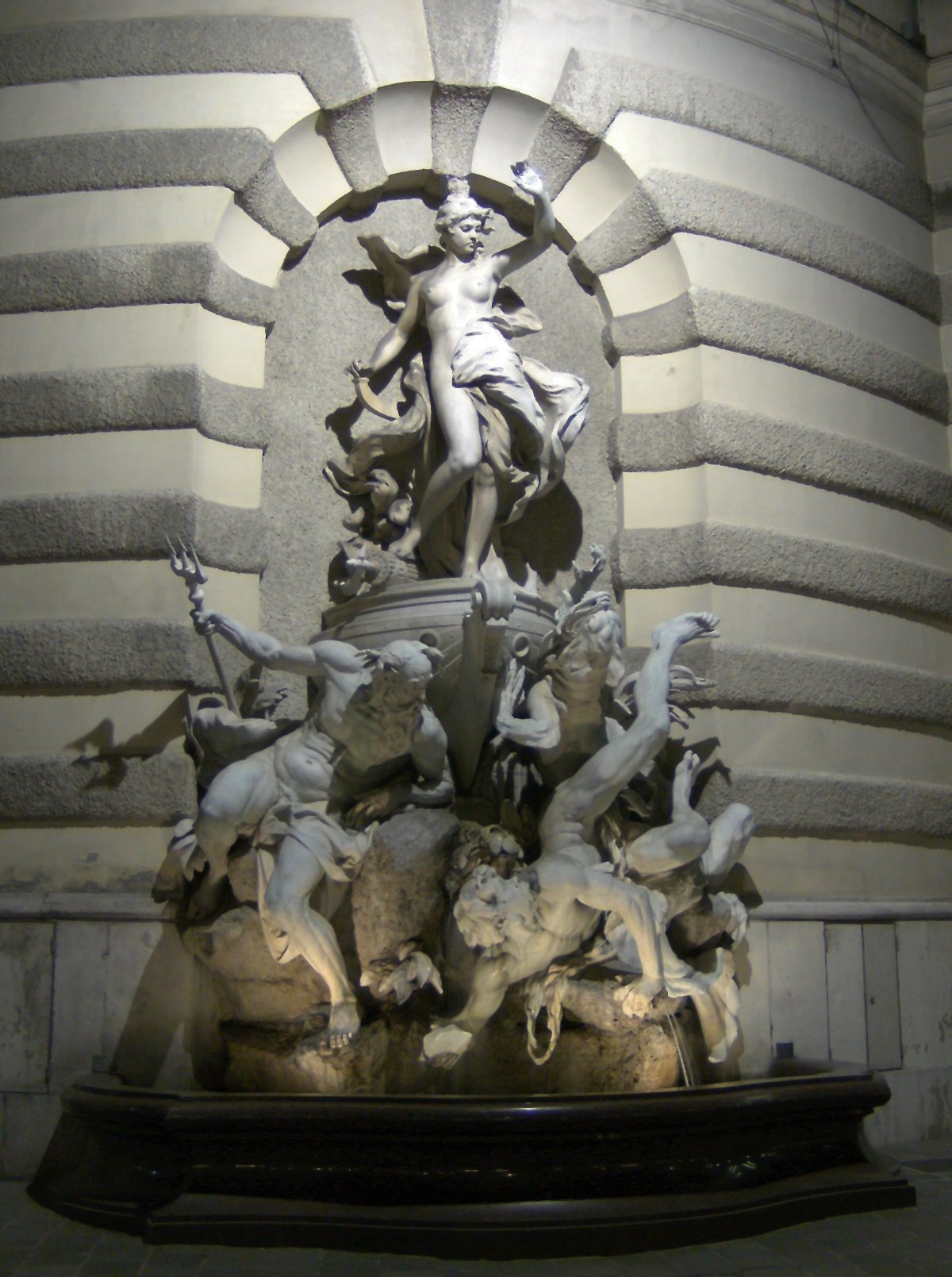 The Michaelertor is accompanied by two fountains. This is the one nearer Augustinerstraße.